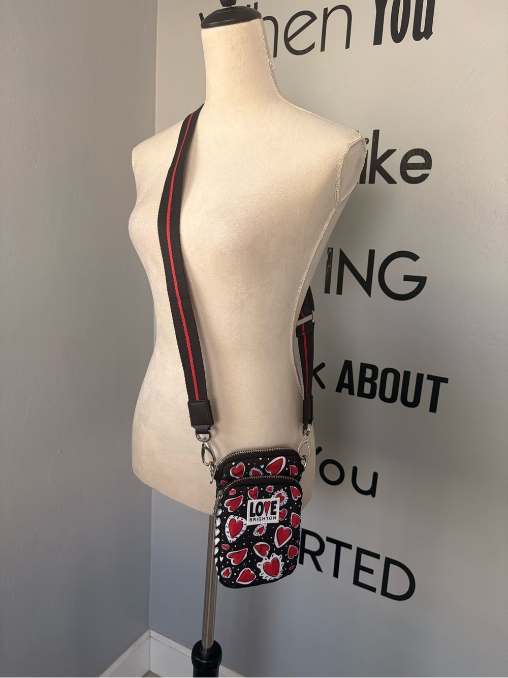 NWOT Brighton Black Crossbody Bag with Red Heart Print
